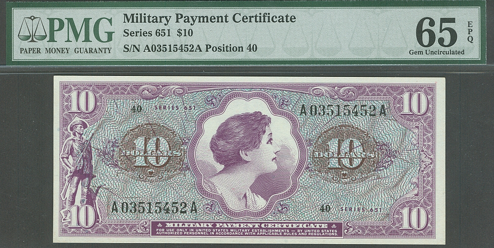 MPC, Series 651, Viet Nam Era $10.00, A03515452A, PMG65-EPQ